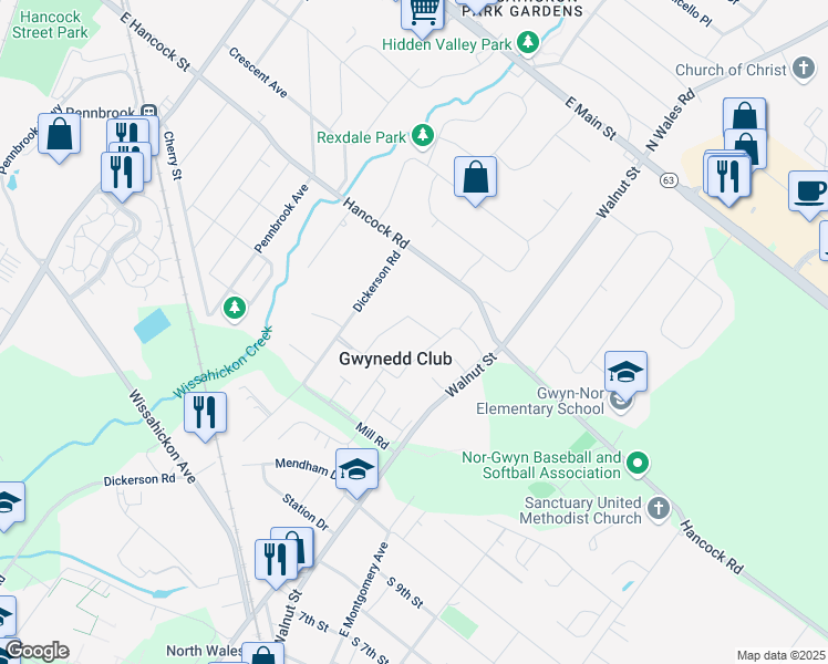 map of restaurants, bars, coffee shops, grocery stores, and more near 22 Shannon Road in North Wales