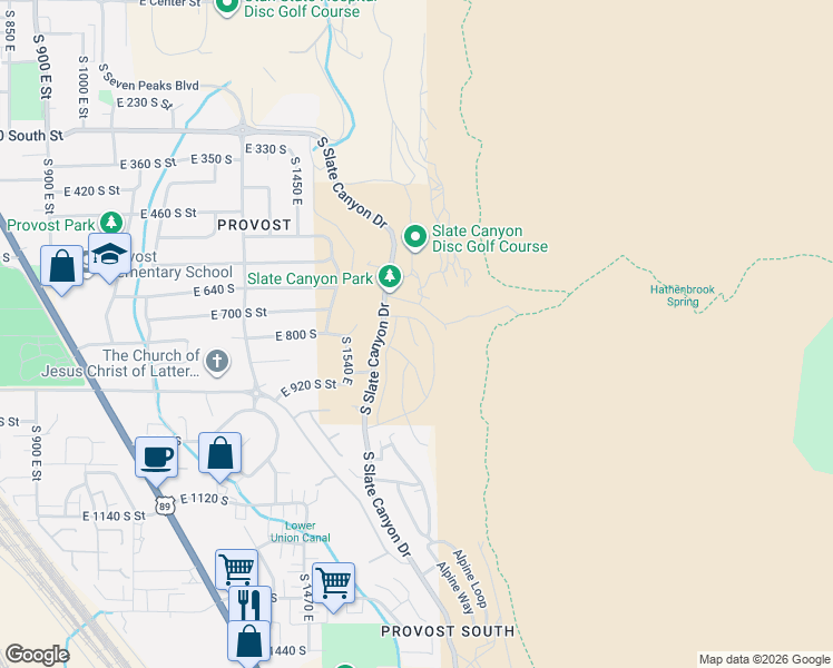 map of restaurants, bars, coffee shops, grocery stores, and more near 800 Aspen Circle in Provo