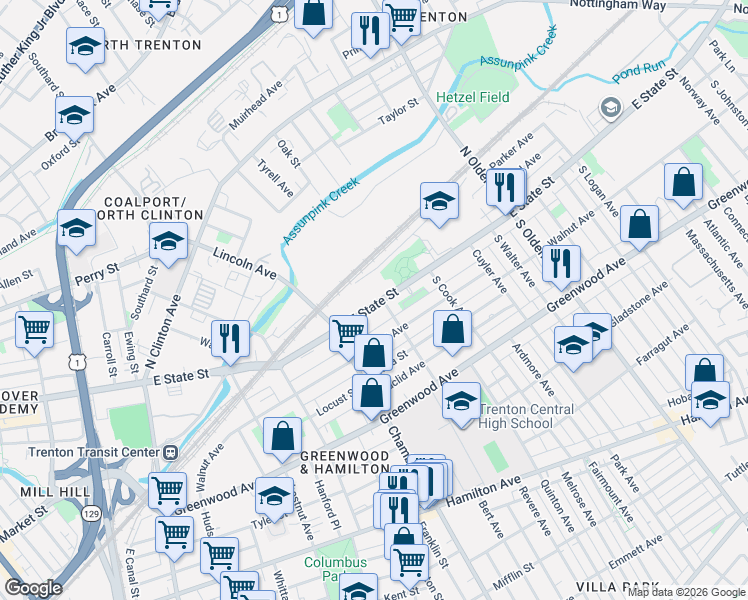 map of restaurants, bars, coffee shops, grocery stores, and more near 894 East State Street in Trenton