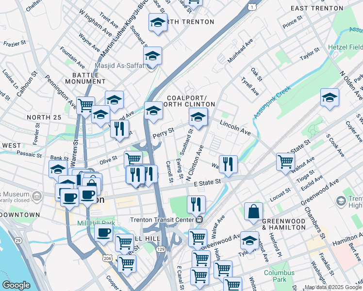 map of restaurants, bars, coffee shops, grocery stores, and more near 45 Southard Street in Trenton