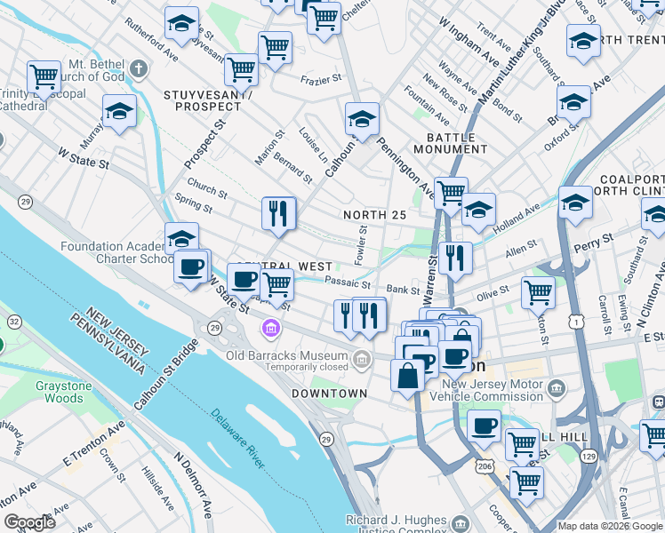 map of restaurants, bars, coffee shops, grocery stores, and more near 77 Spring Street in Trenton