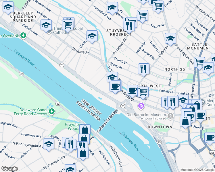 map of restaurants, bars, coffee shops, grocery stores, and more near 379 West State Street in Trenton