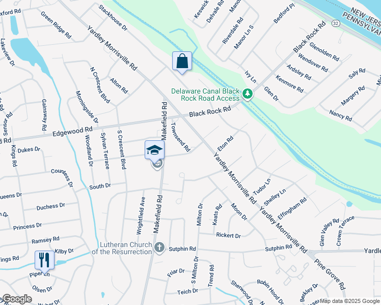 map of restaurants, bars, coffee shops, grocery stores, and more near 5 East School Lane in Yardley