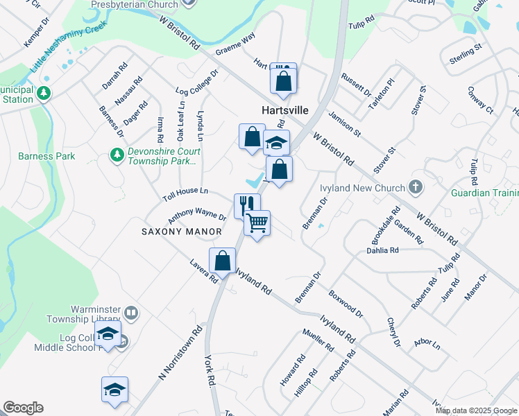 map of restaurants, bars, coffee shops, grocery stores, and more near 1175 Pennsylvania 263 in Warminster