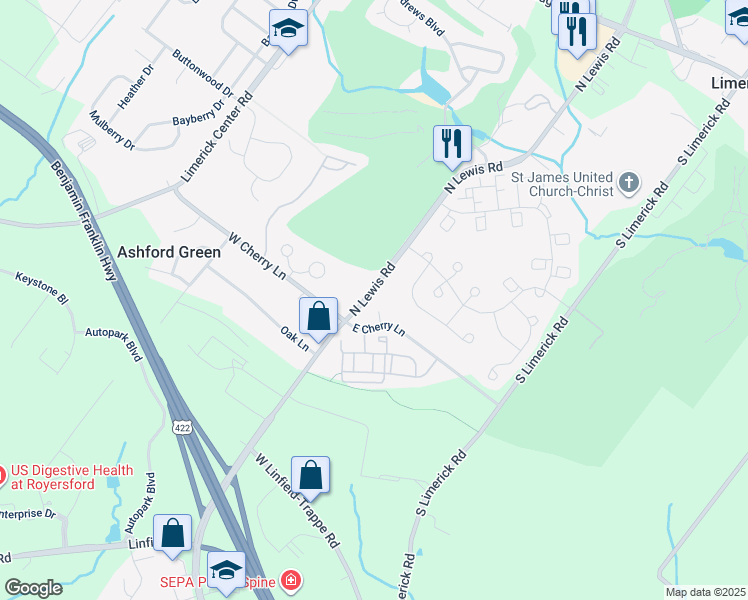 map of restaurants, bars, coffee shops, grocery stores, and more near 722 North Lewis Road in Limerick