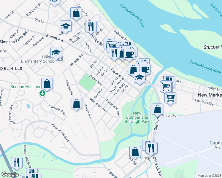 map of restaurants, bars, coffee shops, grocery stores, and more near 222 Geary Avenue in New Cumberland
