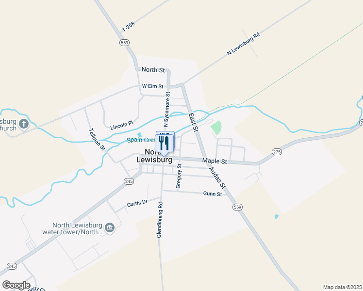 map of restaurants, bars, coffee shops, grocery stores, and more near 85 Gregory Street in North Lewisburg