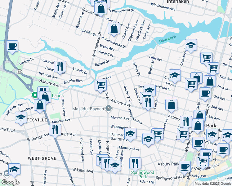 map of restaurants, bars, coffee shops, grocery stores, and more near 818 Drummond Avenue in Asbury Park
