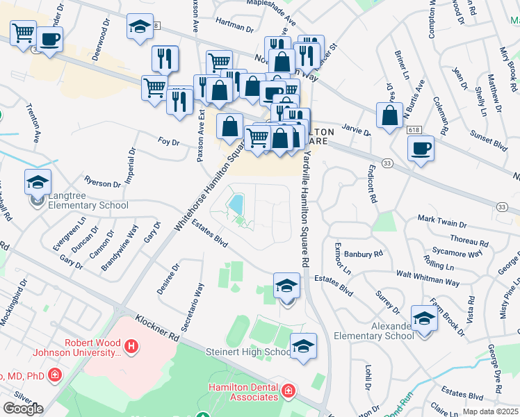 map of restaurants, bars, coffee shops, grocery stores, and more near 25 Falcon Court in Hamilton Township