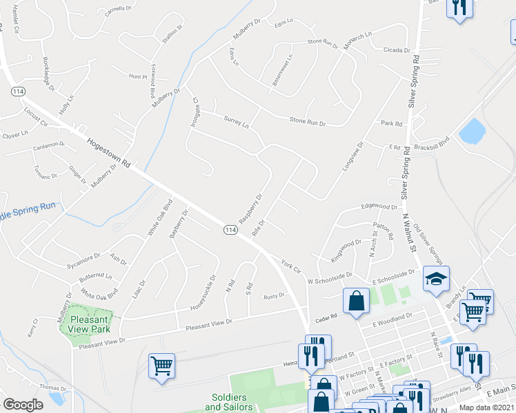 map of restaurants, bars, coffee shops, grocery stores, and more near 8 Raspberry Drive in Mechanicsburg