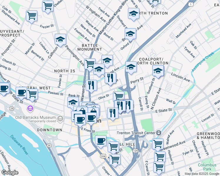 map of restaurants, bars, coffee shops, grocery stores, and more near 234 Perry Street in Trenton