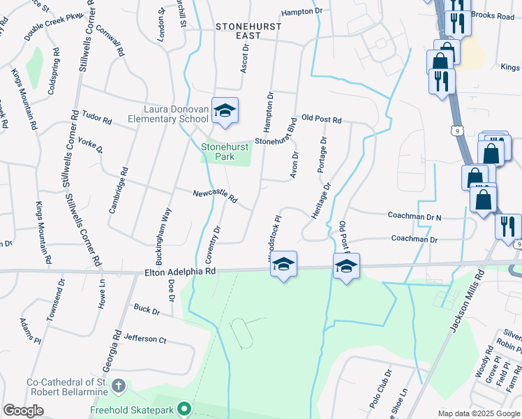 map of restaurants, bars, coffee shops, grocery stores, and more near 17 Newcastle Road in Freehold