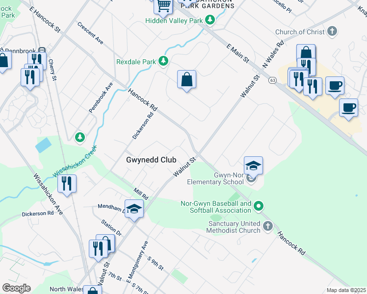 map of restaurants, bars, coffee shops, grocery stores, and more near 17 Derry Drive in North Wales