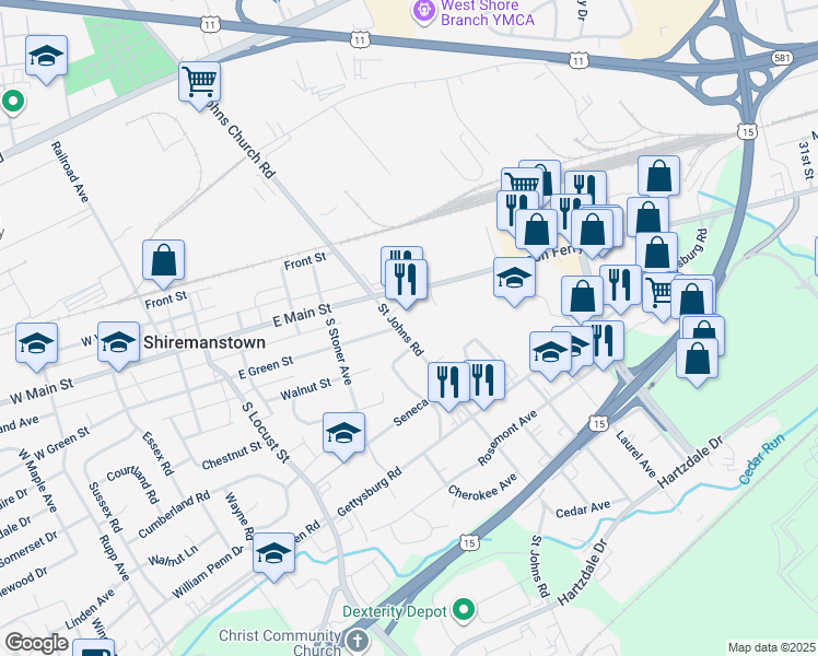map of restaurants, bars, coffee shops, grocery stores, and more near 705 Saint Johns Road in Camp Hill