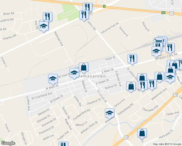 map of restaurants, bars, coffee shops, grocery stores, and more near 113 East Main Street in Camp Hill