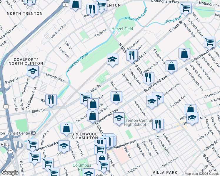 map of restaurants, bars, coffee shops, grocery stores, and more near 927-929 East State Street in Trenton