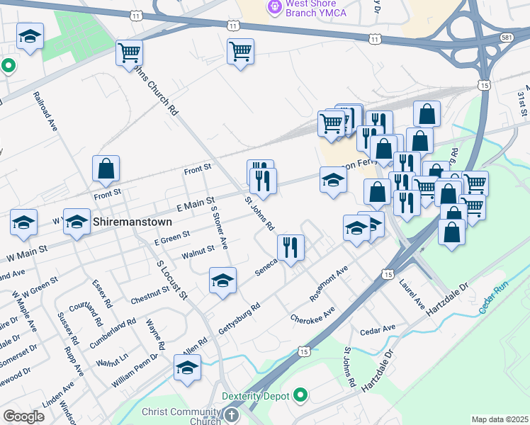 map of restaurants, bars, coffee shops, grocery stores, and more near 705 Saint Johns Road in Camp Hill