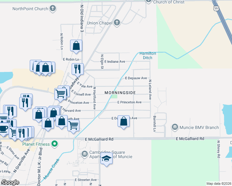 map of restaurants, bars, coffee shops, grocery stores, and more near 2100 East Cornell Avenue in Muncie