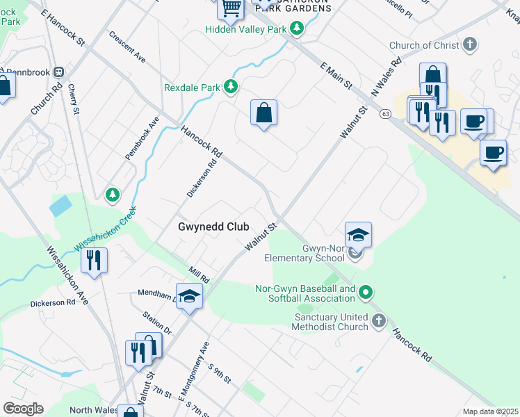 map of restaurants, bars, coffee shops, grocery stores, and more near 17 Derry Drive in North Wales
