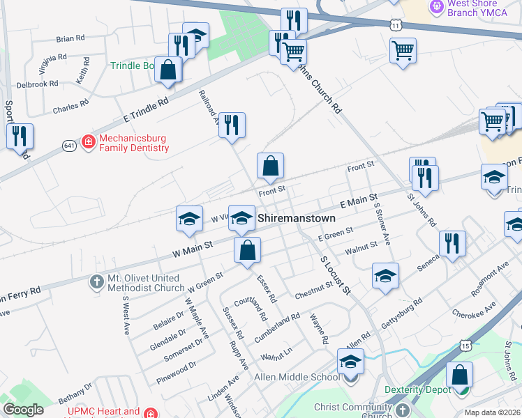 map of restaurants, bars, coffee shops, grocery stores, and more near 12 Railroad Avenue in Shiremanstown
