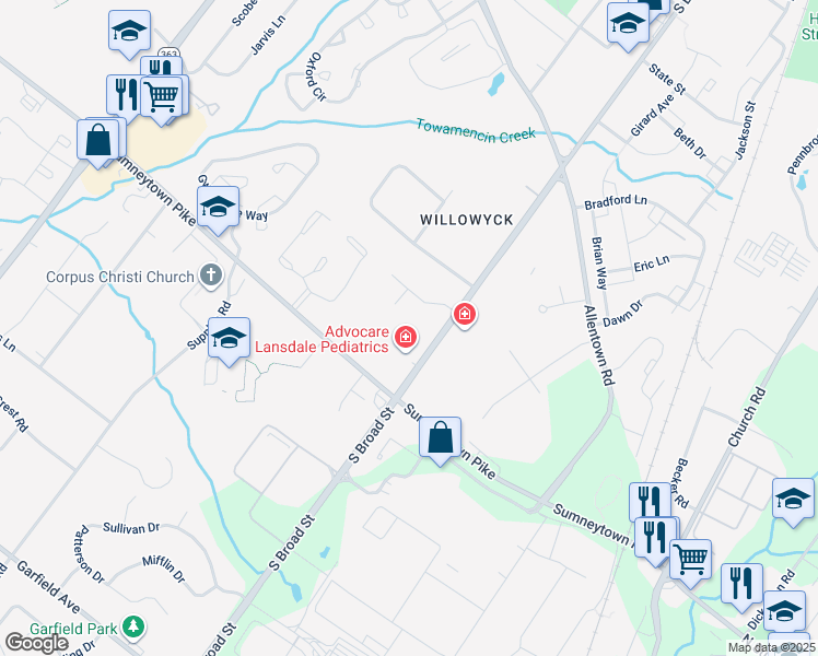 map of restaurants, bars, coffee shops, grocery stores, and more near 1226 South Broad Street in Lansdale