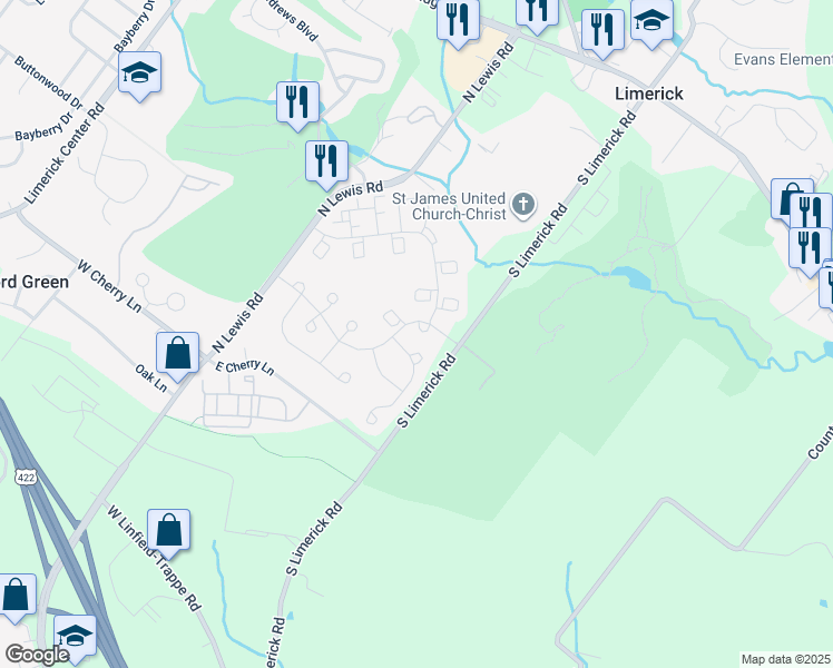 map of restaurants, bars, coffee shops, grocery stores, and more near 5 Lion Court in Royersford