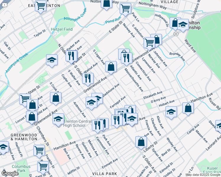 map of restaurants, bars, coffee shops, grocery stores, and more near 526 Gladstone Avenue in Trenton