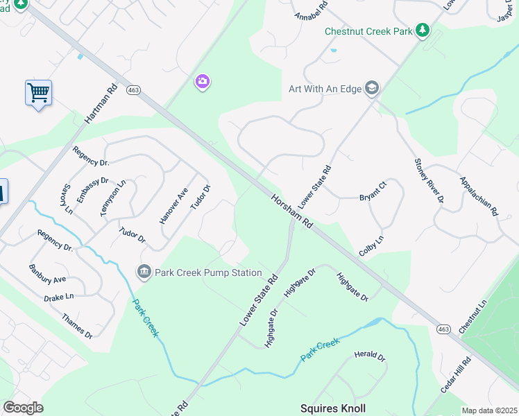 map of restaurants, bars, coffee shops, grocery stores, and more near 1419 Horsham Road in North Wales
