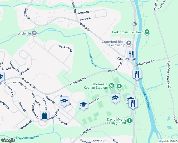map of restaurants, bars, coffee shops, grocery stores, and more near 48 Wartman Road in Collegeville