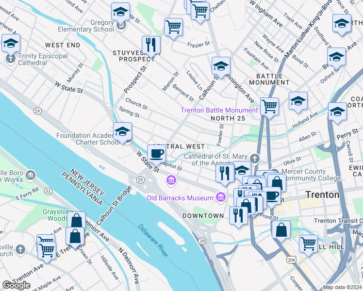 map of restaurants, bars, coffee shops, grocery stores, and more near 80 Passaic Street in Trenton