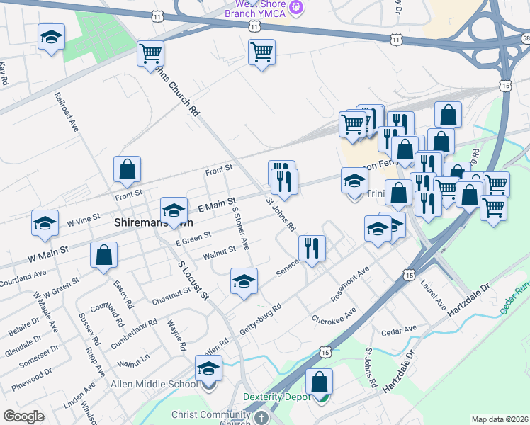 map of restaurants, bars, coffee shops, grocery stores, and more near 417 East Green Street in Shiremanstown