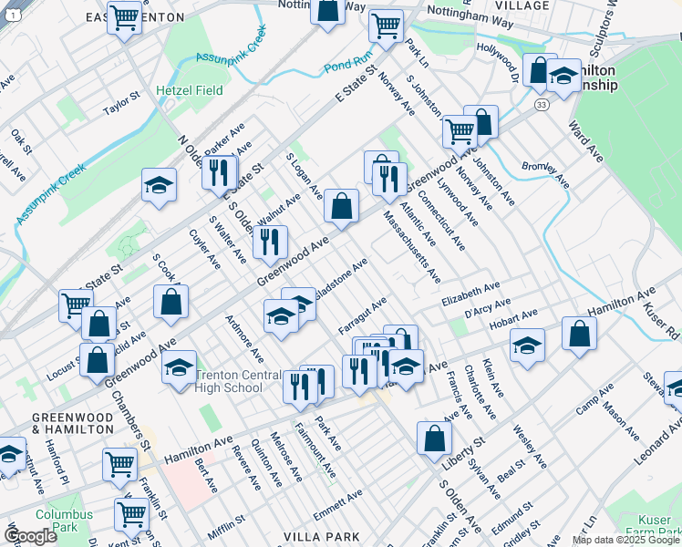 map of restaurants, bars, coffee shops, grocery stores, and more near 526 Gladstone Avenue in Trenton