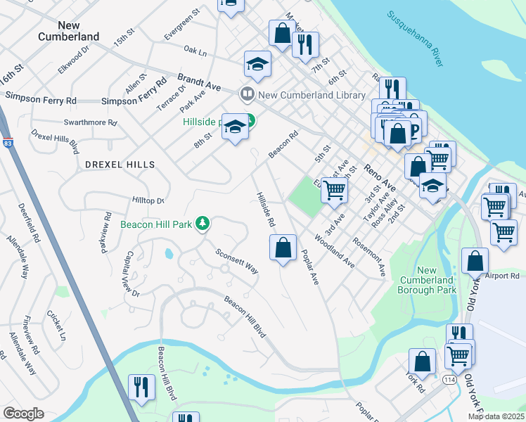 map of restaurants, bars, coffee shops, grocery stores, and more near 424 Hillside Road in New Cumberland