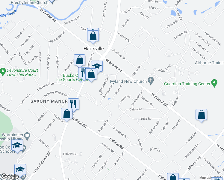 map of restaurants, bars, coffee shops, grocery stores, and more near 1215 Brennan Drive in Warminster