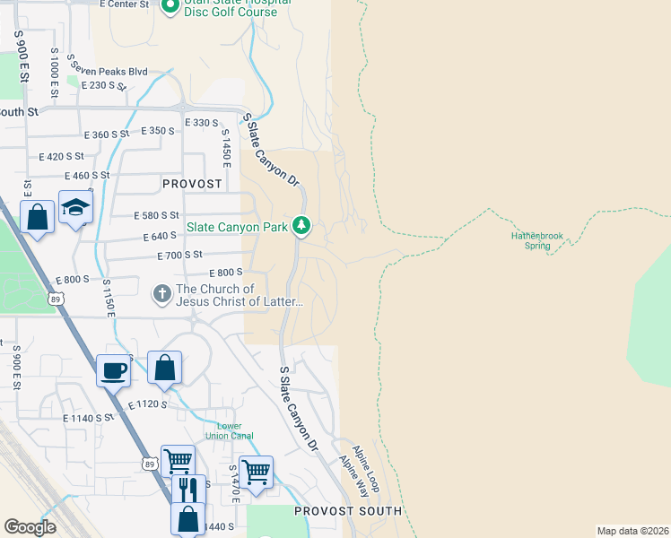 map of restaurants, bars, coffee shops, grocery stores, and more near 800 Aspen Circle in Provo