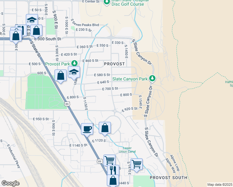 map of restaurants, bars, coffee shops, grocery stores, and more near 1383 East 800 South in Provo