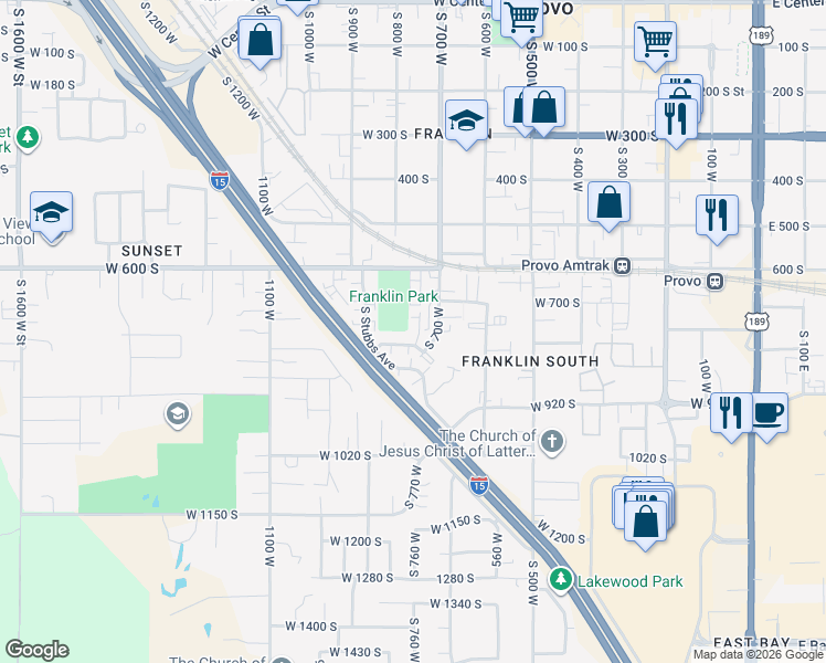 map of restaurants, bars, coffee shops, grocery stores, and more near 712 South 760 West in Provo
