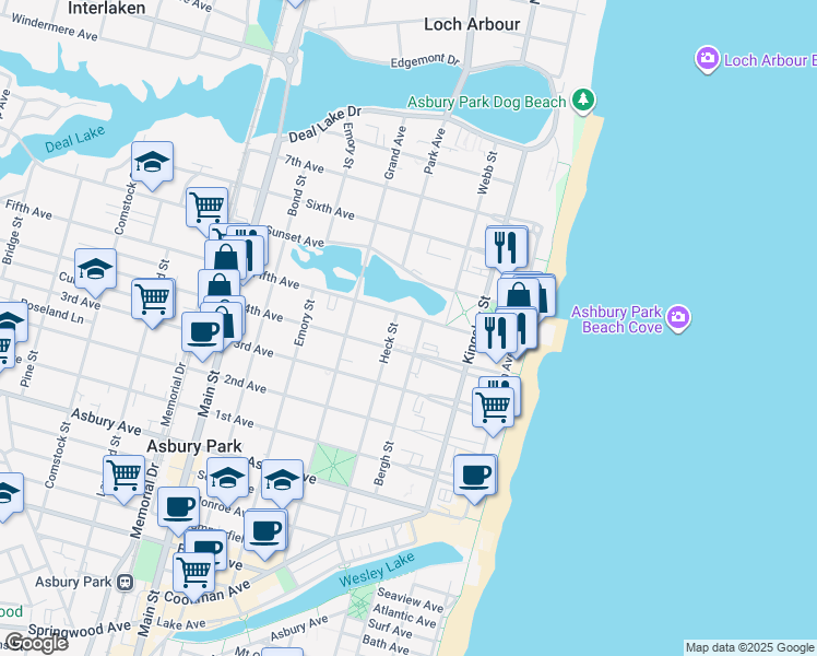 map of restaurants, bars, coffee shops, grocery stores, and more near 1209 Heck Street in Asbury Park