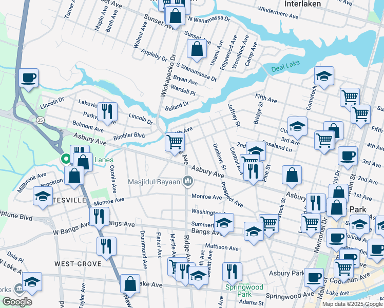 map of restaurants, bars, coffee shops, grocery stores, and more near 816 Ridge Avenue in Asbury Park
