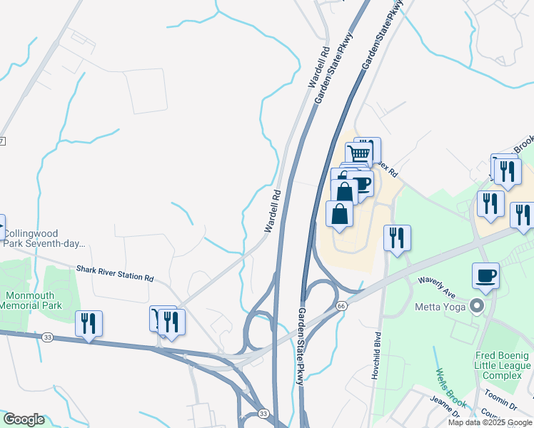 map of restaurants, bars, coffee shops, grocery stores, and more near 524 Wardell Road in Tinton Falls