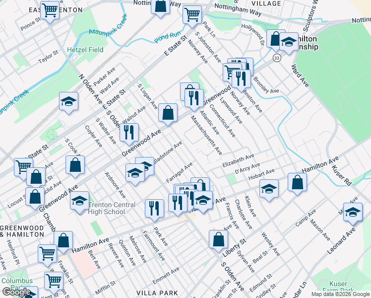 map of restaurants, bars, coffee shops, grocery stores, and more near 293 South Logan Avenue in Trenton