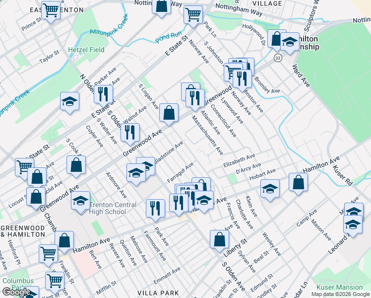 map of restaurants, bars, coffee shops, grocery stores, and more near 293 South Logan Avenue in Trenton