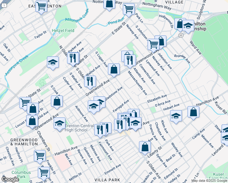 map of restaurants, bars, coffee shops, grocery stores, and more near 526 Gladstone Avenue in Trenton