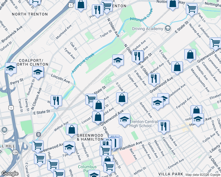 map of restaurants, bars, coffee shops, grocery stores, and more near 927-929 East State Street in Trenton