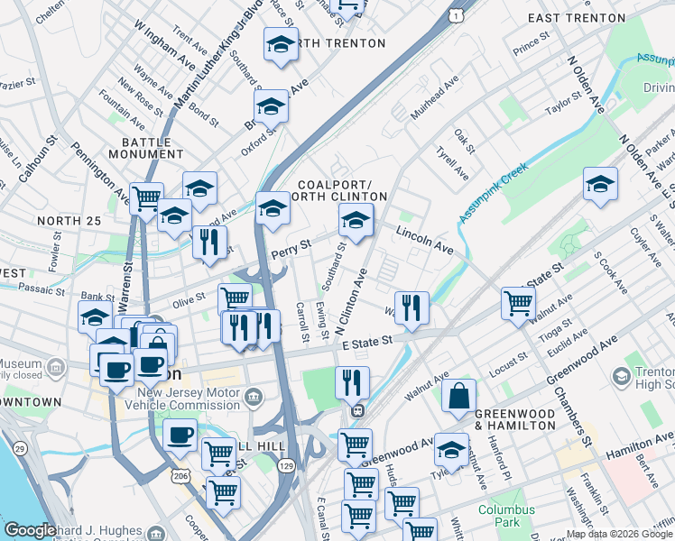 map of restaurants, bars, coffee shops, grocery stores, and more near 45 Southard Street in Trenton