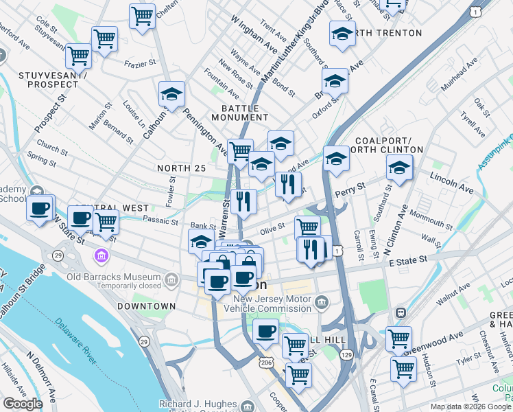 map of restaurants, bars, coffee shops, grocery stores, and more near 11 Borden Way in Trenton