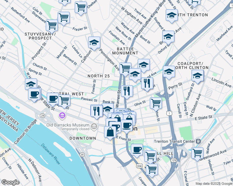 map of restaurants, bars, coffee shops, grocery stores, and more near 21 Chauncey Street in Trenton