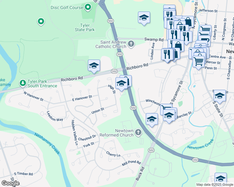 map of restaurants, bars, coffee shops, grocery stores, and more near 129 High Street in Newtown