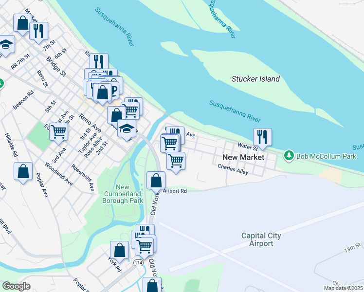 map of restaurants, bars, coffee shops, grocery stores, and more near 112 Ross Avenue in New Cumberland
