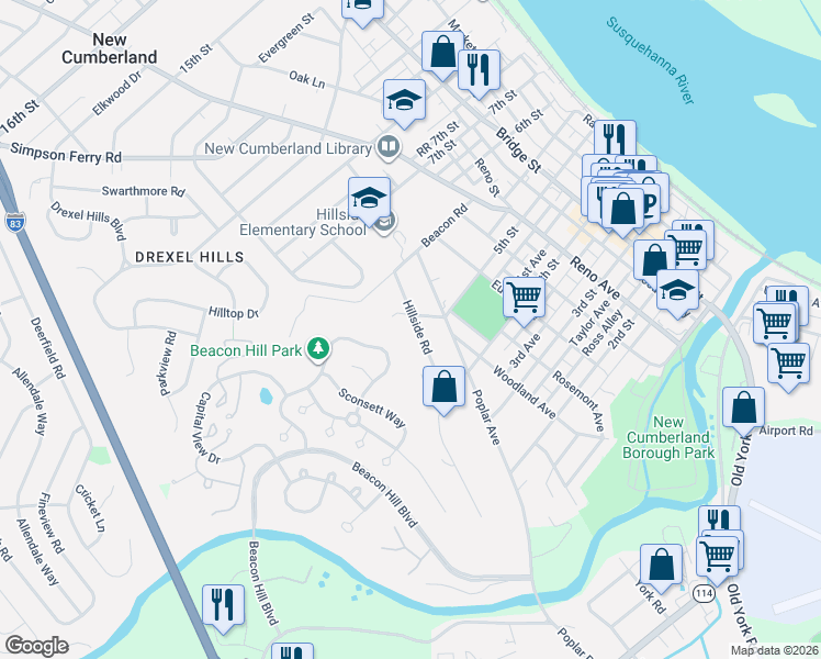 map of restaurants, bars, coffee shops, grocery stores, and more near 901 5th Street in New Cumberland
